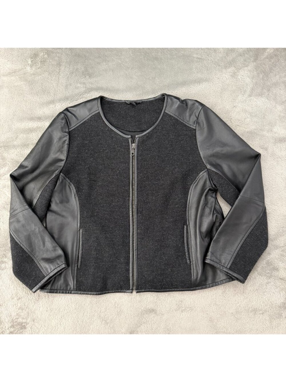 Eileen Fisher Black Wool Leather Jacket Full Zip Silk Lining LARGE